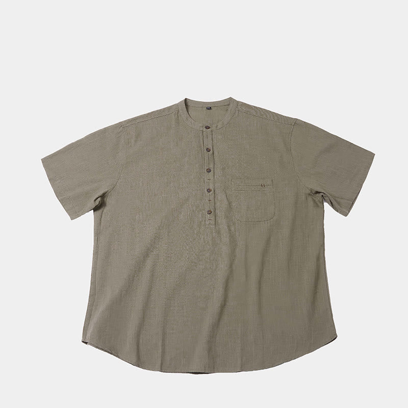Chemise d'été en coton et lin à manches courtes et demi-boutons pour homme, couleur unie, motif Buddha Stones