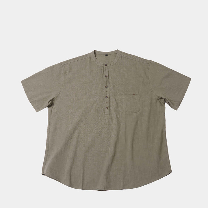 Chemise d'été en coton et lin à manches courtes et demi-boutons pour homme, couleur unie, motif Buddha Stones