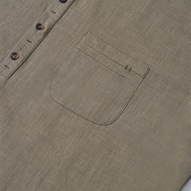 Chemise d'été en coton et lin à manches courtes et demi-boutons pour homme, couleur unie, motif Buddha Stones
