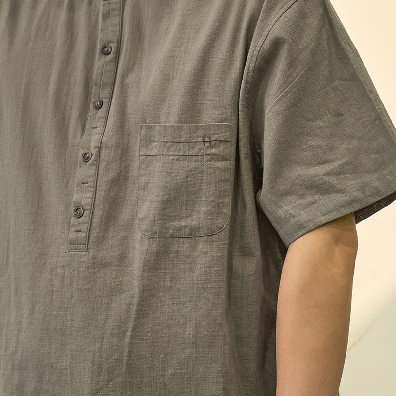 Chemise d'été en coton et lin à manches courtes et demi-boutons pour homme, couleur unie, motif Buddha Stones