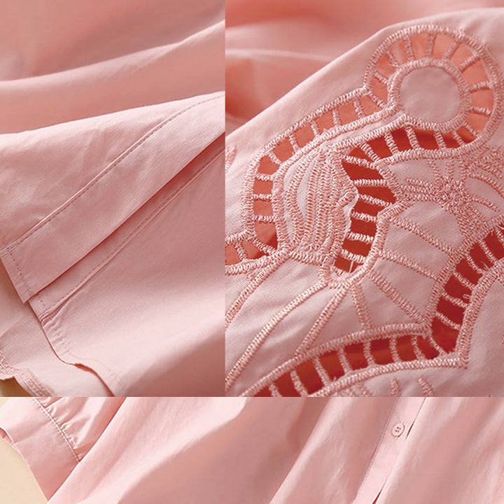 Chemise décontractée en coton et lin à manches trois-quarts pour femme, motif Buddha Stones, broderie florale et trou - image 6