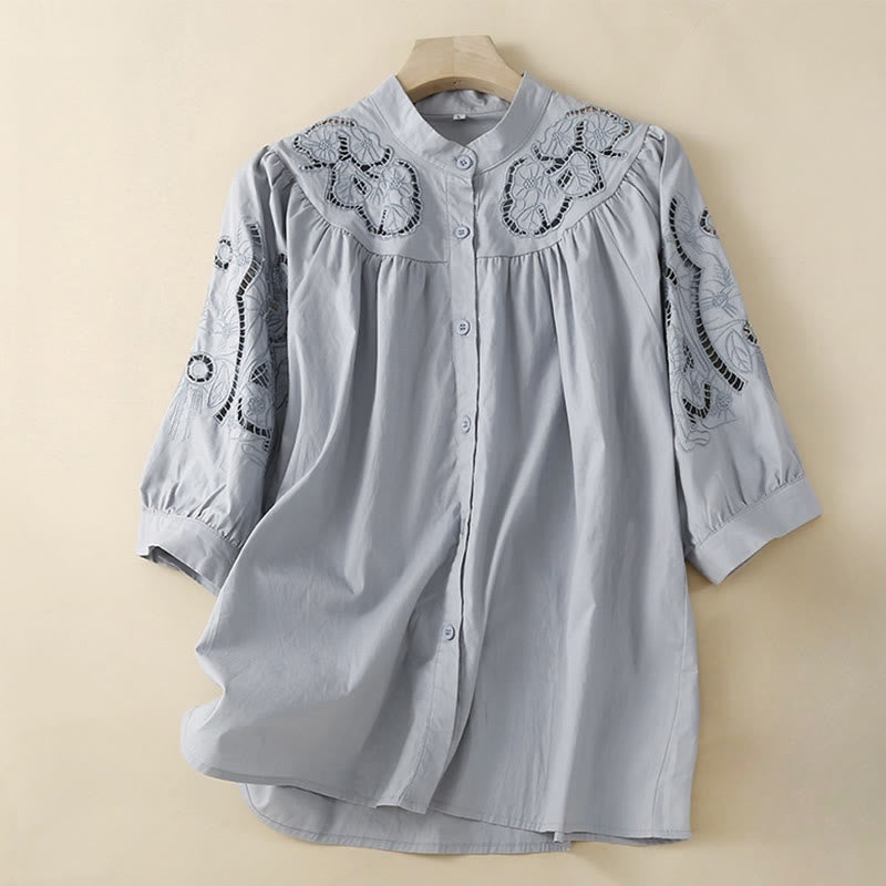 Chemise décontractée en coton et lin à manches trois-quarts pour femme, motif Buddha Stones, broderie florale et trou - Bleu acier clair - US12，UK/AU16，EU44 (3XL) - image 8