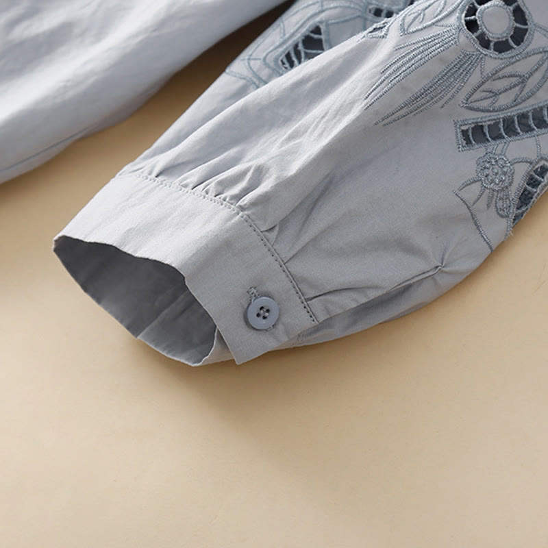 Chemise décontractée en coton et lin à manches trois-quarts pour femme, motif Buddha Stones, broderie florale et trou - image 10