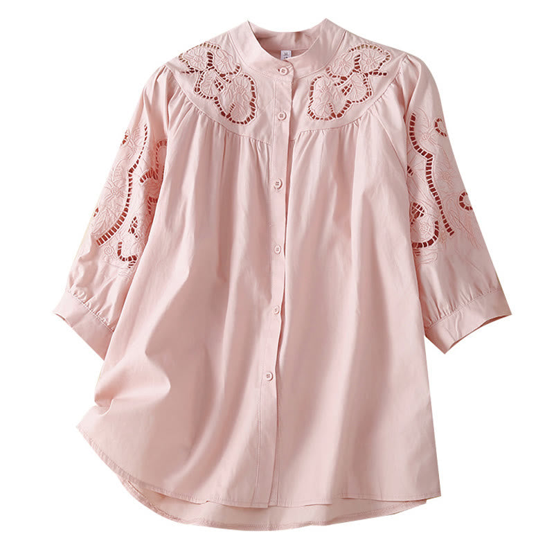 Chemise décontractée en coton et lin à manches trois-quarts pour femme, motif Buddha Stones, broderie florale et trou - image 7