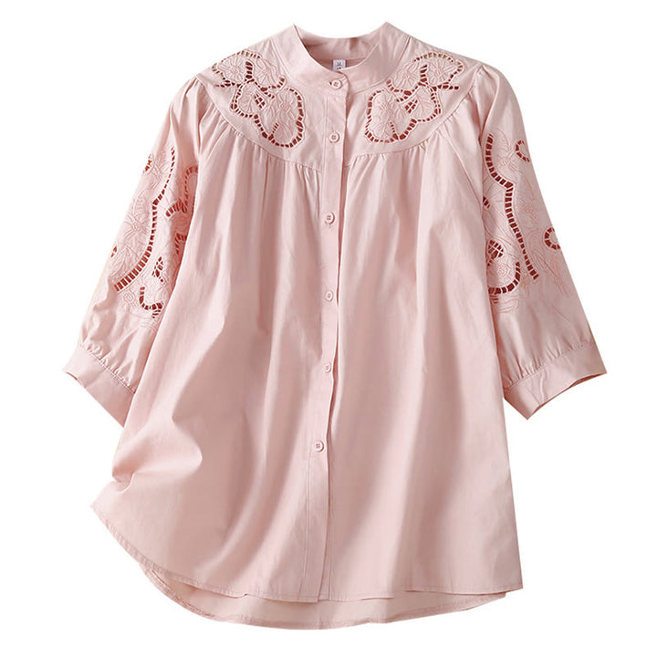 Chemise décontractée en coton et lin à manches trois-quarts pour femme, motif Buddha Stones, broderie florale et trou - image 7