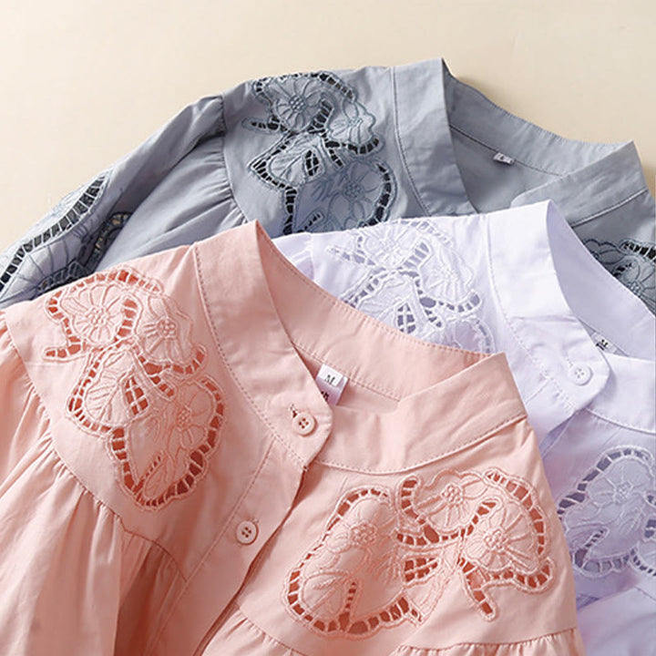 Chemise décontractée en coton et lin à manches trois-quarts pour femme, motif Buddha Stones, broderie florale et trou - image 18