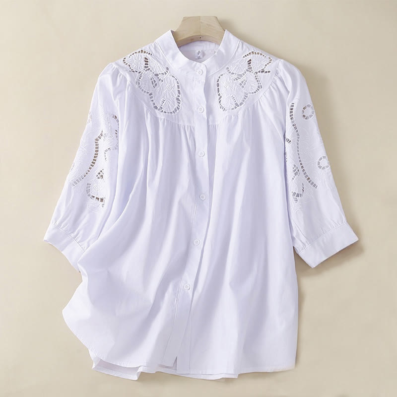 Chemise décontractée en coton et lin à manches trois-quarts pour femme, motif Buddha Stones, broderie florale et trou - Blanc - US12，UK/AU16，EU44 (3XL) - image 12