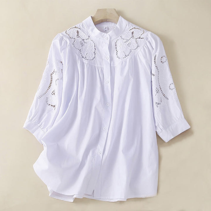Chemise décontractée en coton et lin à manches trois-quarts pour femme, motif Buddha Stones, broderie florale et trou - Blanc - US12，UK/AU16，EU44 (3XL) - image 12