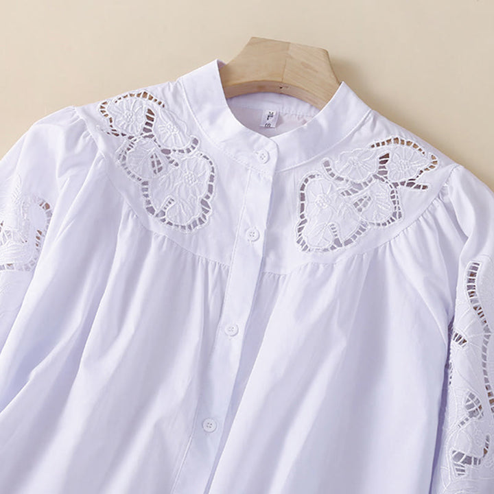Chemise décontractée en coton et lin à manches trois-quarts pour femme, motif Buddha Stones, broderie florale et trou - image 13