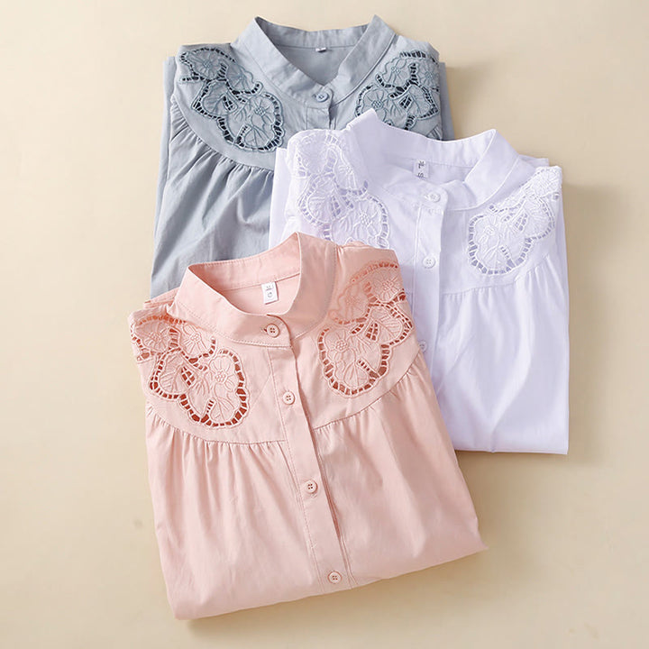 Chemise décontractée en coton et lin à manches trois-quarts pour femme, motif Buddha Stones, broderie florale et trou - image 17