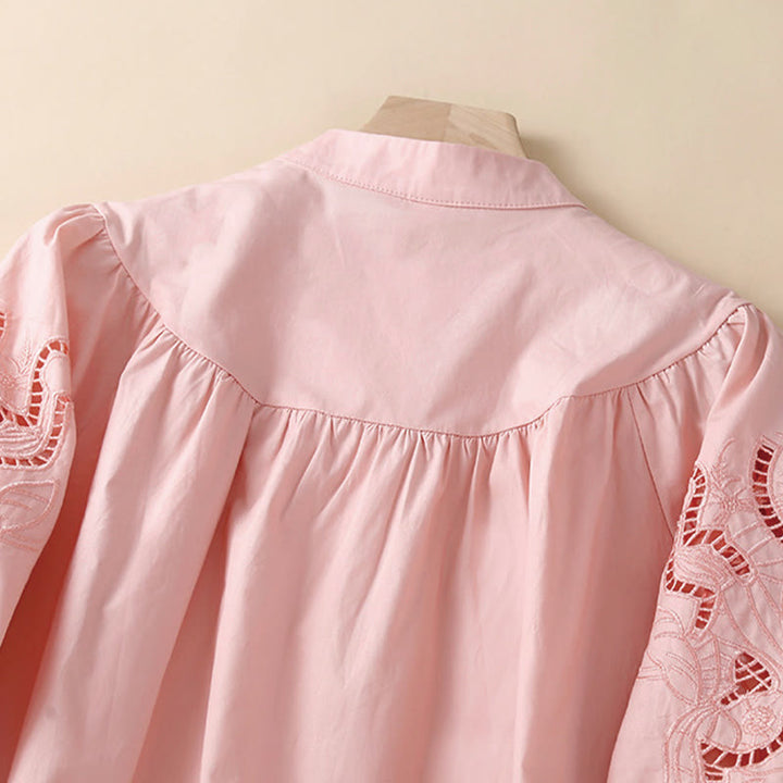 Chemise décontractée en coton et lin à manches trois-quarts pour femme, motif Buddha Stones, broderie florale et trou - image 2