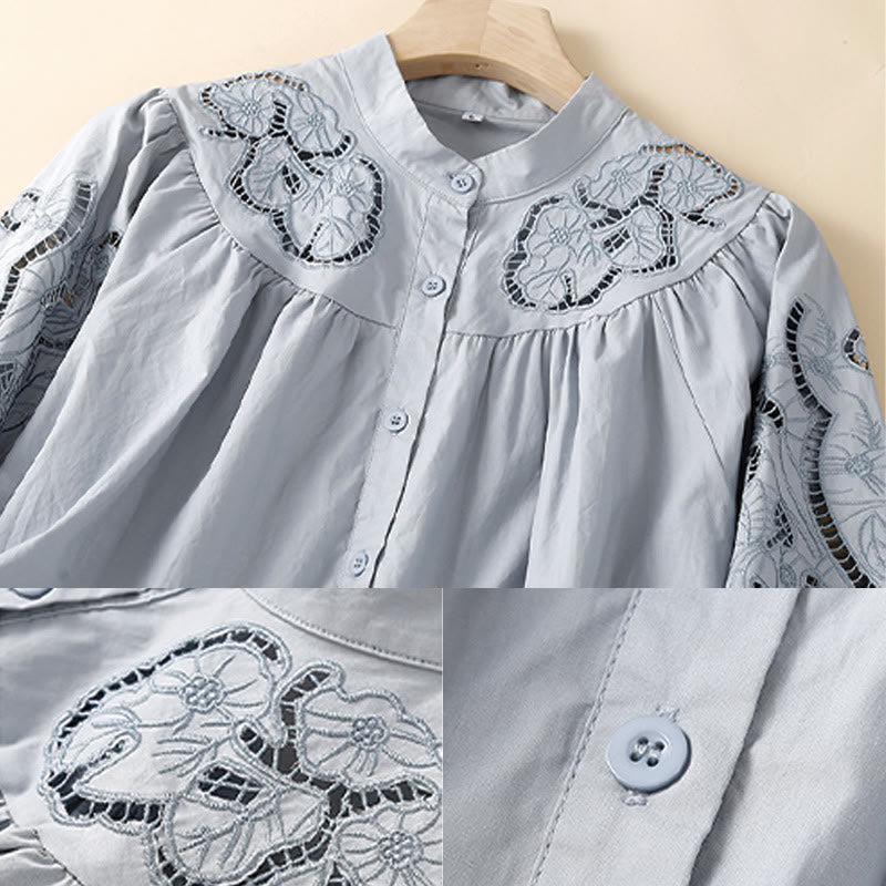 Chemise décontractée en coton et lin à manches trois-quarts pour femme, motif Buddha Stones, broderie florale et trou - image 11
