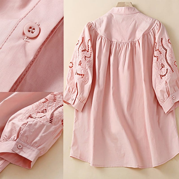Chemise décontractée en coton et lin à manches trois-quarts pour femme, motif Buddha Stones, broderie florale et trou - image 5