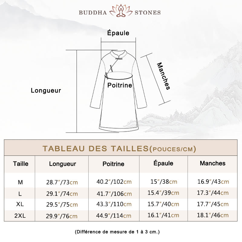 Chemise en coton et lin à double épaisseur et manches trois-quarts avec boutons grenouille et Buddha Stones - image 5