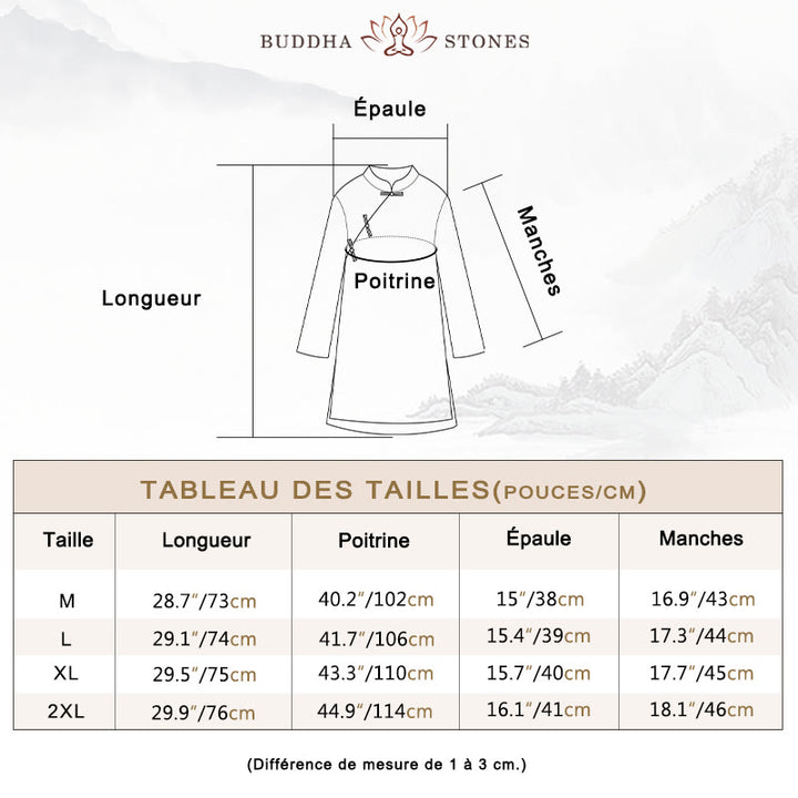 Chemise en coton et lin à double épaisseur et manches trois-quarts avec boutons grenouille et Buddha Stones - image 5