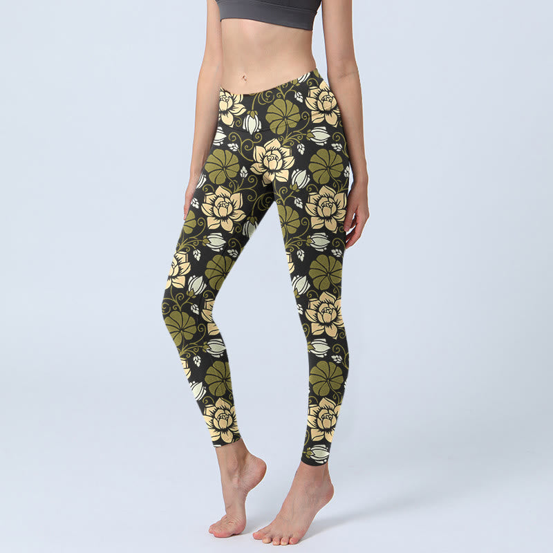 Leggings de fitness imprimé Buddha Stones , fleurs jaunes et feuilles vertes, pantalons de yoga pour femmes - Kaki foncé - US18，UK/AU22，EU50 (4XL) - image 1
