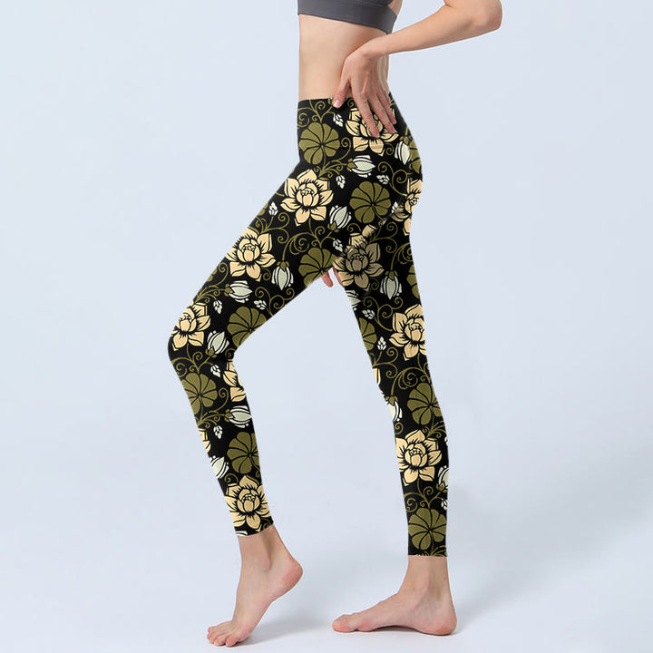 Leggings de fitness imprimé Buddha Stones , fleurs jaunes et feuilles vertes, pantalons de yoga pour femmes - image 3