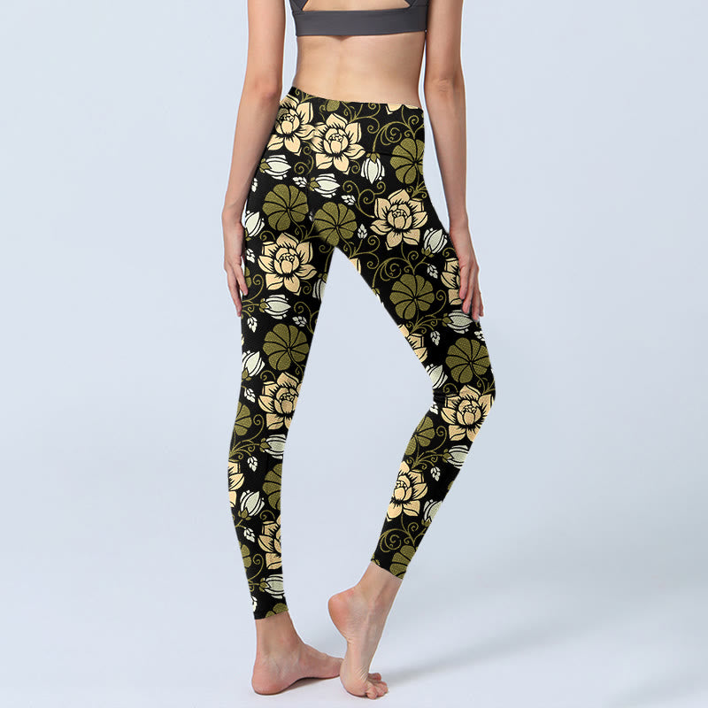 Leggings de fitness imprimé Buddha Stones , fleurs jaunes et feuilles vertes, pantalons de yoga pour femmes - image 4