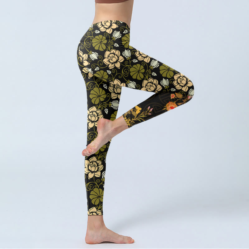 Leggings de fitness imprimé Buddha Stones , fleurs jaunes et feuilles vertes, pantalons de yoga pour femmes - image 3