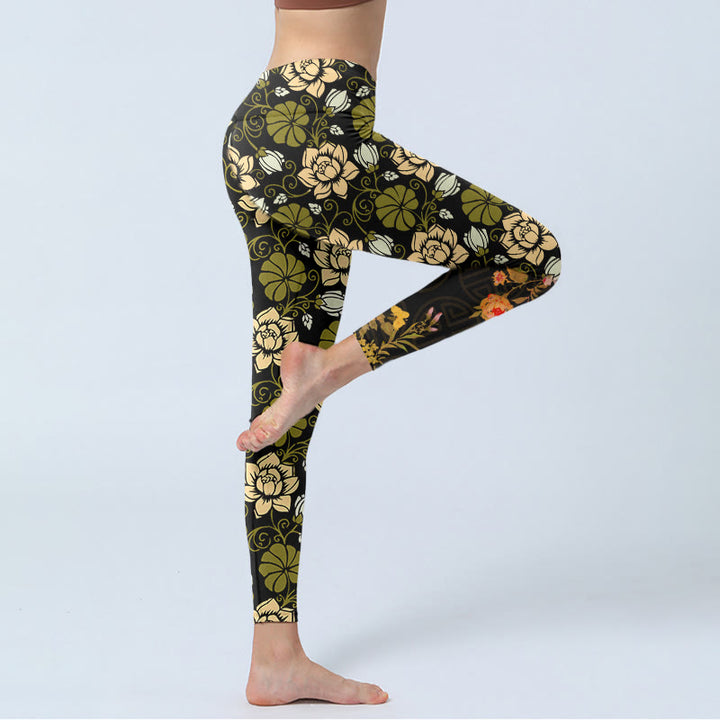 Leggings de fitness imprimé Buddha Stones , fleurs jaunes et feuilles vertes, pantalons de yoga pour femmes - image 3
