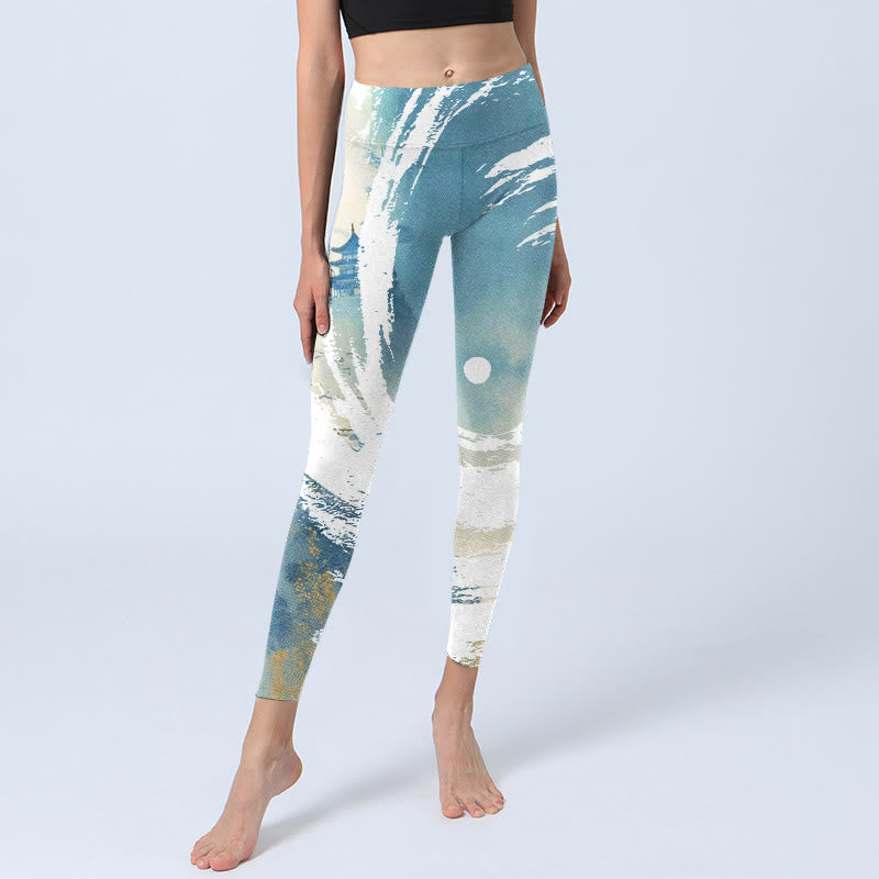 Leggings de sport et de fitness pour femme, imprimé graffiti bleu, blanc et beige, motif Buddha Stones - image 5