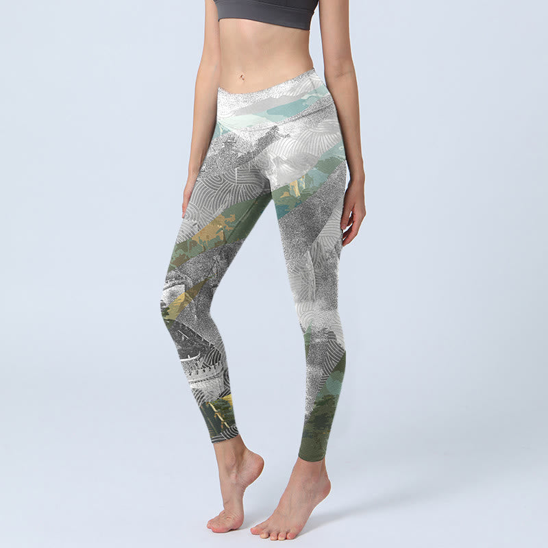 Leggings de sport et de fitness pour femme, imprimé Buddha Stones, style ancien, Grande Muraille - Gris clair - US18，UK/AU22，EU50 (4XL) - image 1