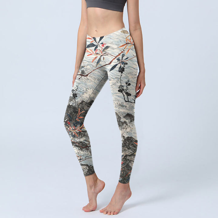 Leggings de fitness imprimé Buddha Stones, vagues, rochers et arbres, pantalons de yoga pour femmes - Beige - US18，UK/AU22，EU50 (4XL) - image 1