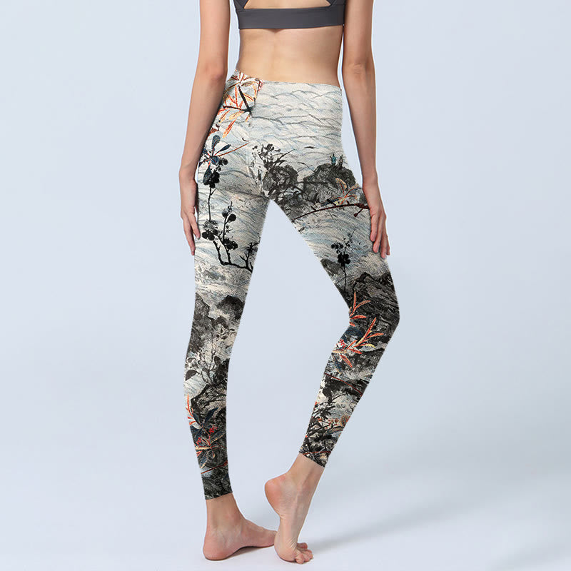 Leggings de fitness imprimé Buddha Stones, vagues, rochers et arbres, pantalons de yoga pour femmes - image 5