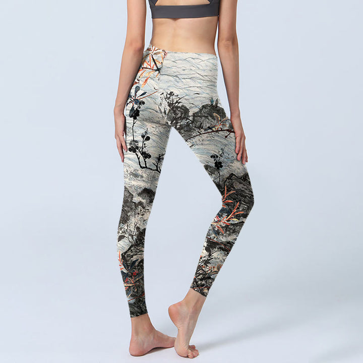 Leggings de fitness imprimé Buddha Stones, vagues, rochers et arbres, pantalons de yoga pour femmes - image 4