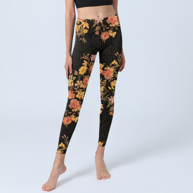 Leggings de fitness et de yoga pour femme, imprimé Buddha Stones, jaune, rose, fleurs et feuilles vertes - image 6