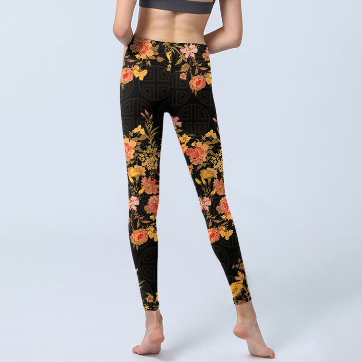 Leggings de fitness et de yoga pour femme, imprimé Buddha Stones, jaune, rose, fleurs et feuilles vertes - image 6