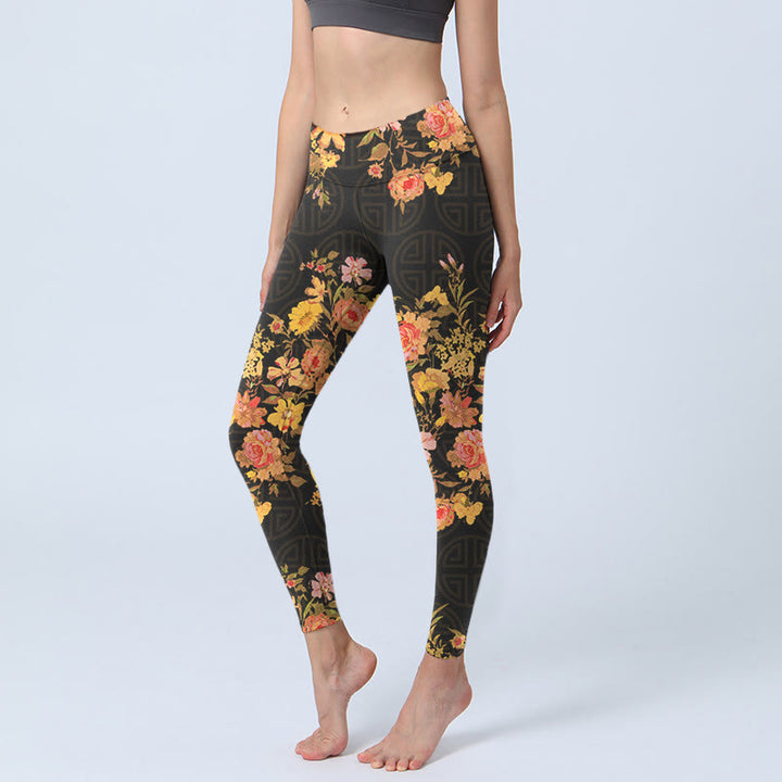 Leggings de fitness et de yoga pour femme, imprimé Buddha Stones, jaune, rose, fleurs et feuilles vertes - Noir - US18，UK/AU22，EU50 (4XL) - image 1