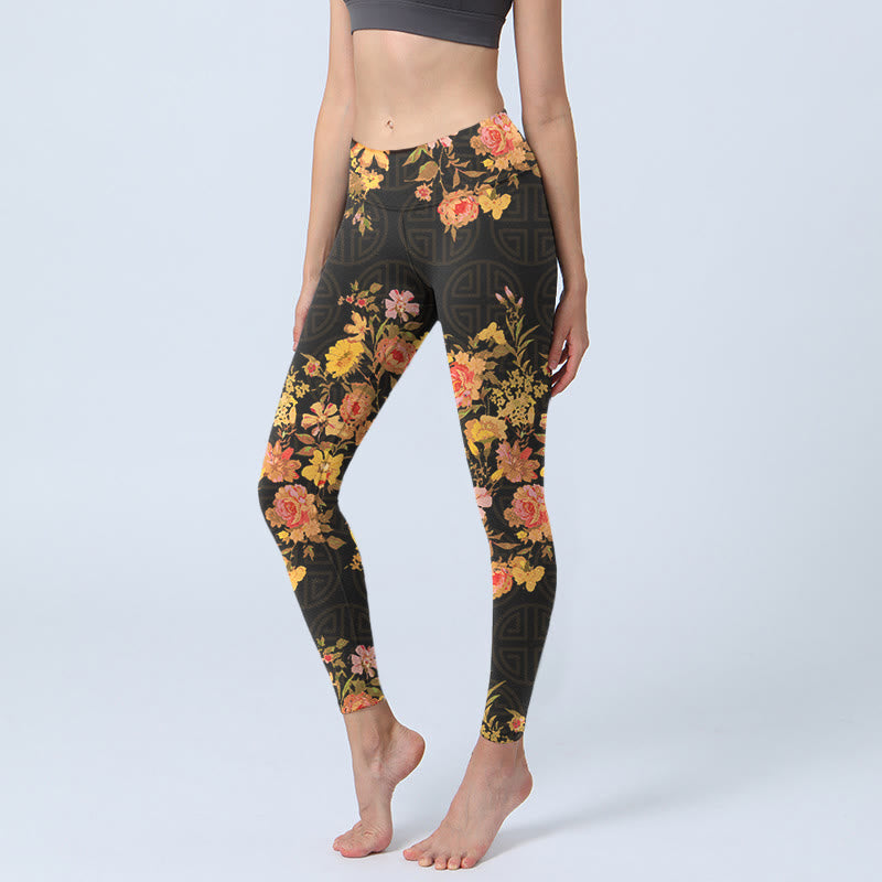 Leggings de fitness et de yoga pour femme, imprimé Buddha Stones, jaune, rose, fleurs et feuilles vertes - Noir - US18，UK/AU22，EU50 (4XL) - image 0