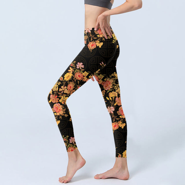Leggings de fitness et de yoga pour femme, imprimé Buddha Stones, jaune, rose, fleurs et feuilles vertes - image 3