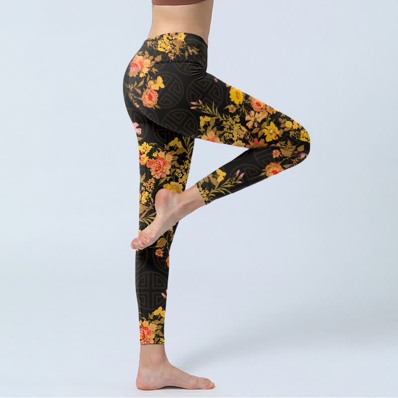 Leggings de fitness et de yoga pour femme, imprimé Buddha Stones, jaune, rose, fleurs et feuilles vertes - image 3