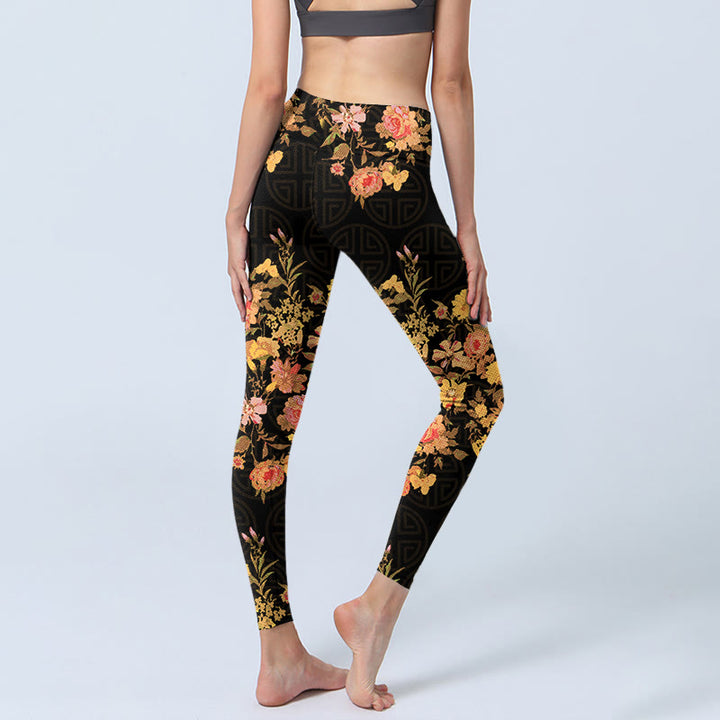 Leggings de fitness et de yoga pour femme, imprimé Buddha Stones, jaune, rose, fleurs et feuilles vertes - image 4