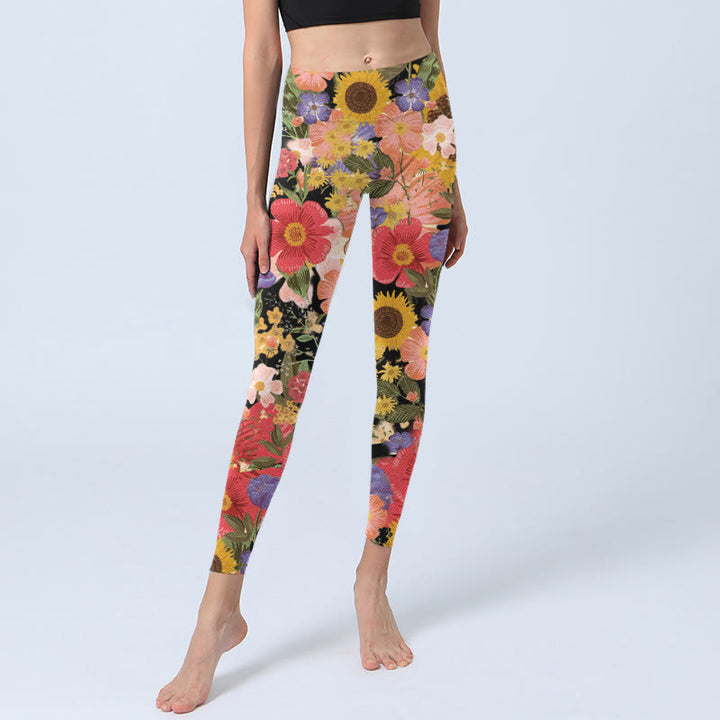Leggings de sport et de fitness pour femme, imprimé Buddha Stones, tournesols, fleurs roses et violettes, pantalons de yoga - image 6