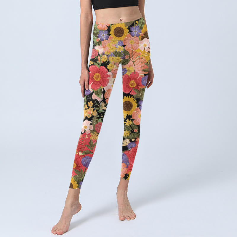 Leggings de sport et de fitness pour femme, imprimé Buddha Stones, tournesols, fleurs roses et violettes, pantalons de yoga - image 5