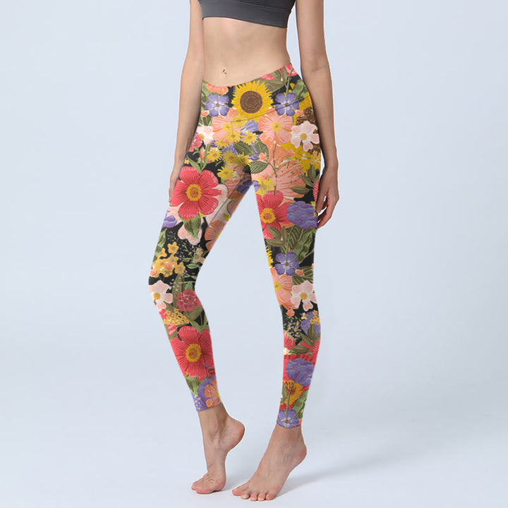 Leggings de sport et de fitness pour femme, imprimé Buddha Stones, tournesols, fleurs roses et violettes, pantalons de yoga - Noir - US18，UK/AU22，EU50 (4XL) - image 0