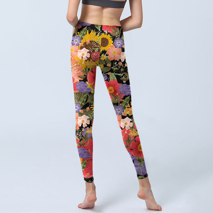 Leggings de sport et de fitness pour femme, imprimé Buddha Stones, tournesols, fleurs roses et violettes, pantalons de yoga - image 6