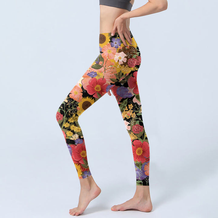 Leggings de sport et de fitness pour femme, imprimé Buddha Stones, tournesols, fleurs roses et violettes, pantalons de yoga - image 3