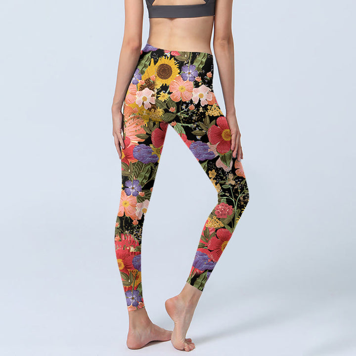 Leggings de sport et de fitness pour femme, imprimé Buddha Stones, tournesols, fleurs roses et violettes, pantalons de yoga - image 4