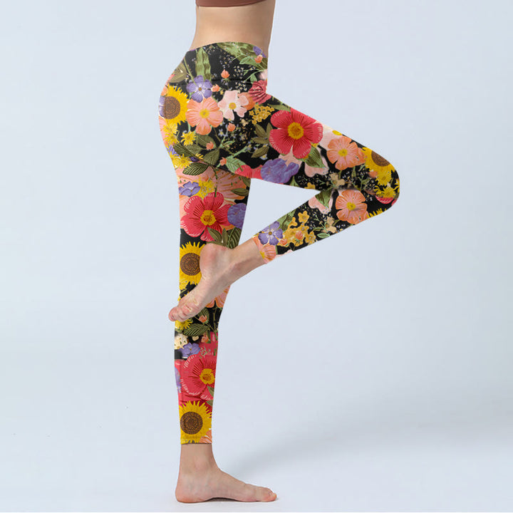Leggings de sport et de fitness pour femme, imprimé Buddha Stones, tournesols, fleurs roses et violettes, pantalons de yoga - image 3