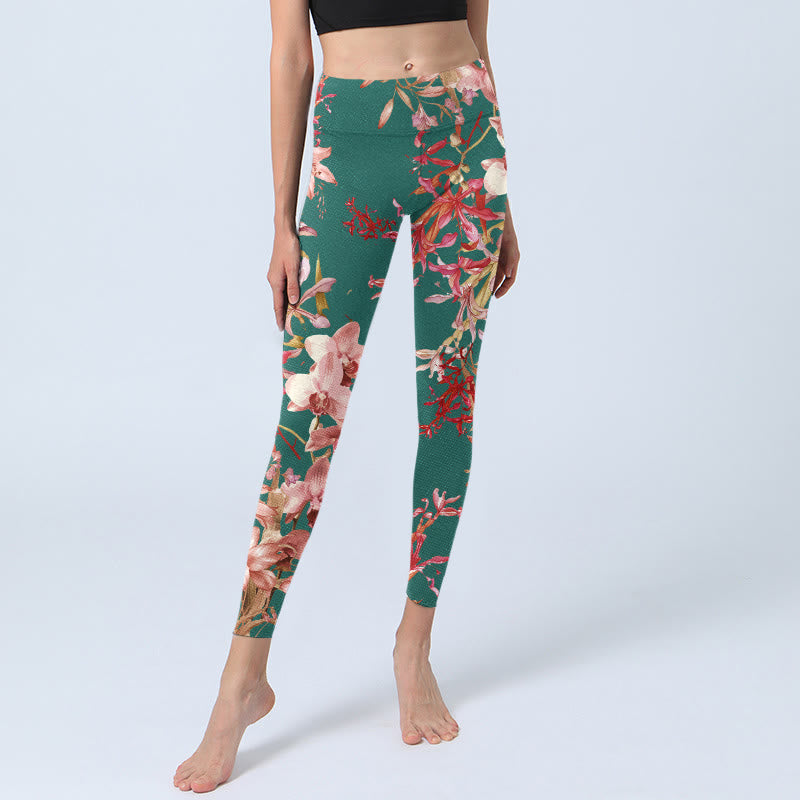 Leggings de fitness et de yoga pour femme, imprimé Buddha Stones , fleurs vertes et roses - image 6