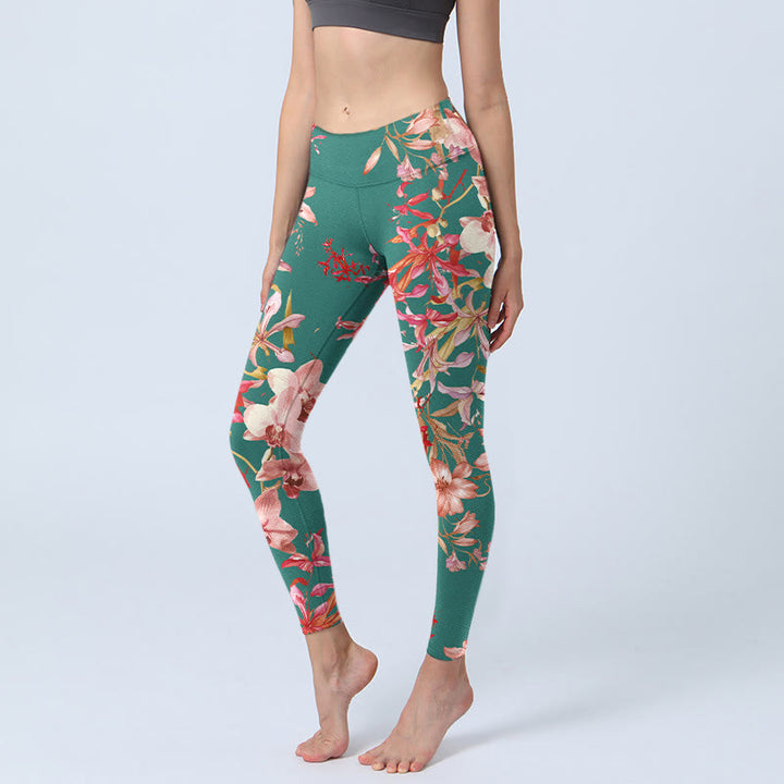 Leggings de fitness et de yoga pour femme, imprimé Buddha Stones , fleurs vertes et roses - Aigue-marine moyenne - US18，UK/AU22，EU50 (4XL) - image 0