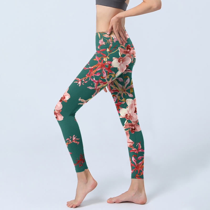 Leggings de fitness et de yoga pour femme, imprimé Buddha Stones , fleurs vertes et roses - image 2