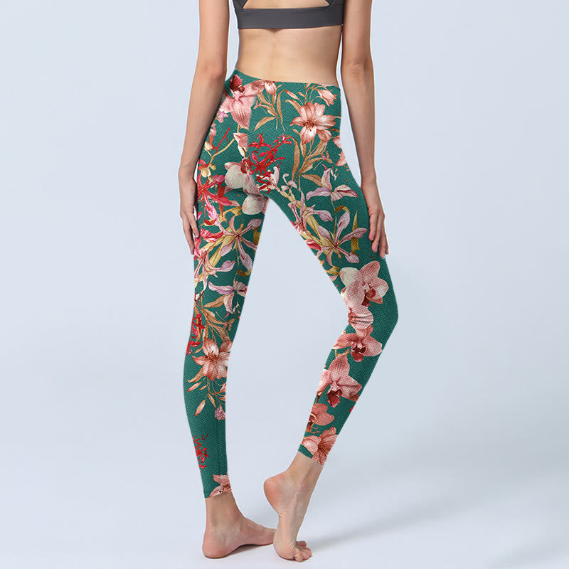 Leggings de fitness et de yoga pour femme, imprimé Buddha Stones , fleurs vertes et roses - image 4