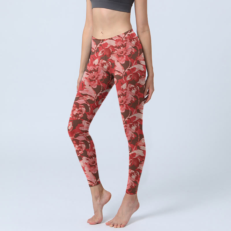 Leggings de sport et de fitness à imprimé fleurs rouges et Buddha Stones pour femme - Saumon - US18，UK/AU22，EU50 (4XL) - image 1