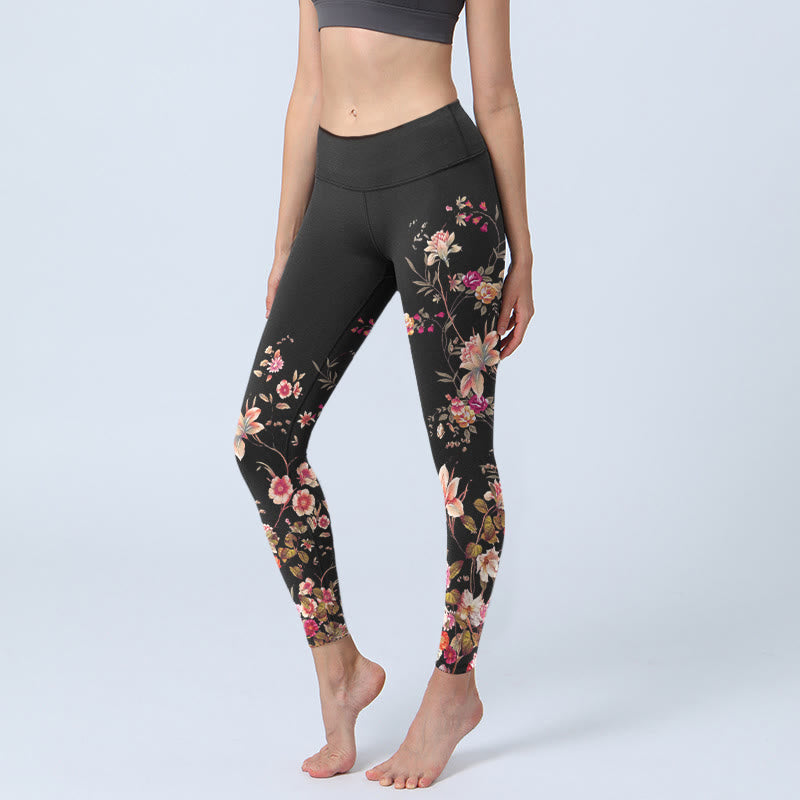 Leggings de fitness et de yoga pour femme, imprimé Buddha Stones , roses roses et fleurs beiges - Noir - US18，UK/AU22，EU50 (4XL) - image 0