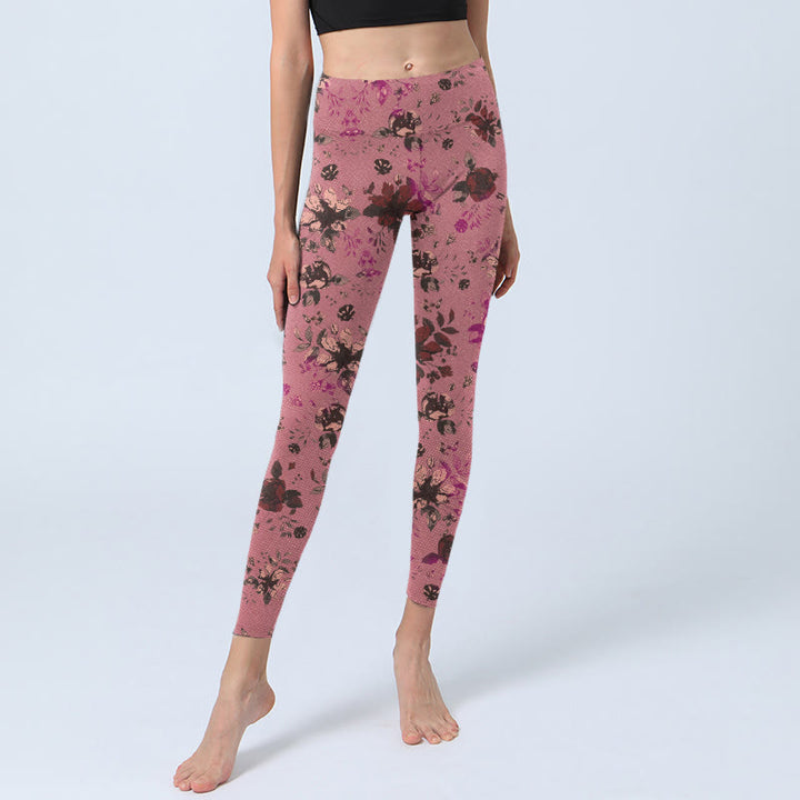 Leggings de sport et de fitness à imprimé Buddha Stones, roses rouges et feuilles roses, pantalons de yoga pour femmes - image 5